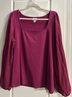 Ava & Viv Fuchsia Square-Neck Blouse with Pleated Long Sleeves